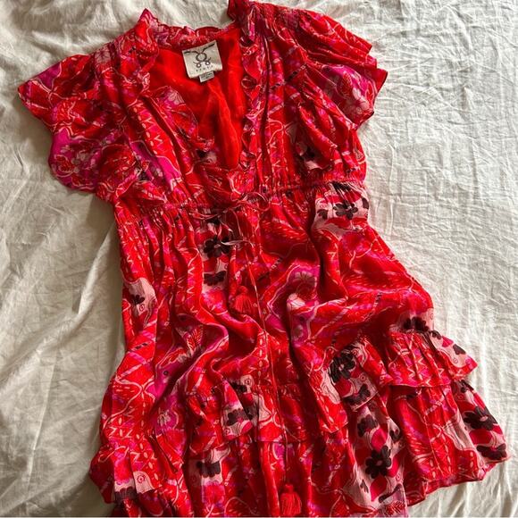 Figue Red Boho Silk Ruffle Mini Dress - Picture 1 of 10